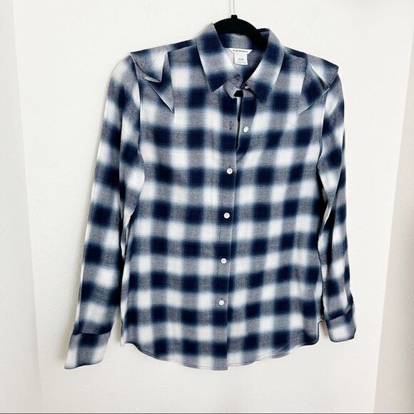 Club Monaco Evira Cotton Plaid Flannel Ruffle Button Down Shirt - Picture 2 of 9